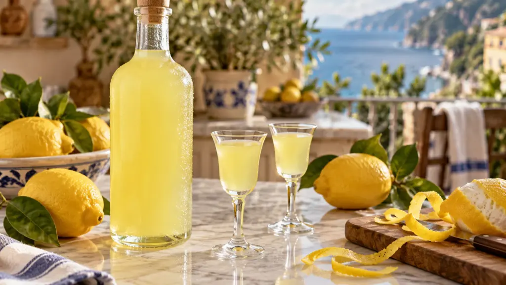 Limoncello bottle with small chilled pours and fresh lemons