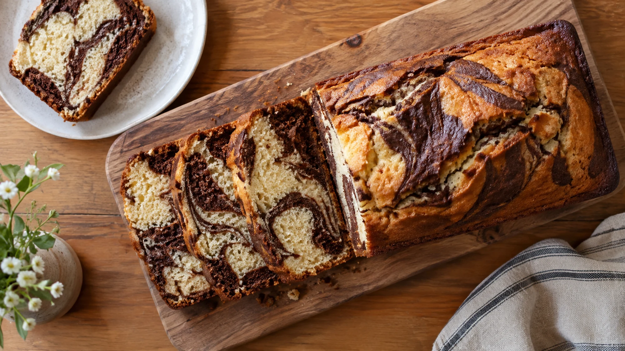 Overhead view of a sliced vanilla loaf with dark cocoa swirls and a golden crust
