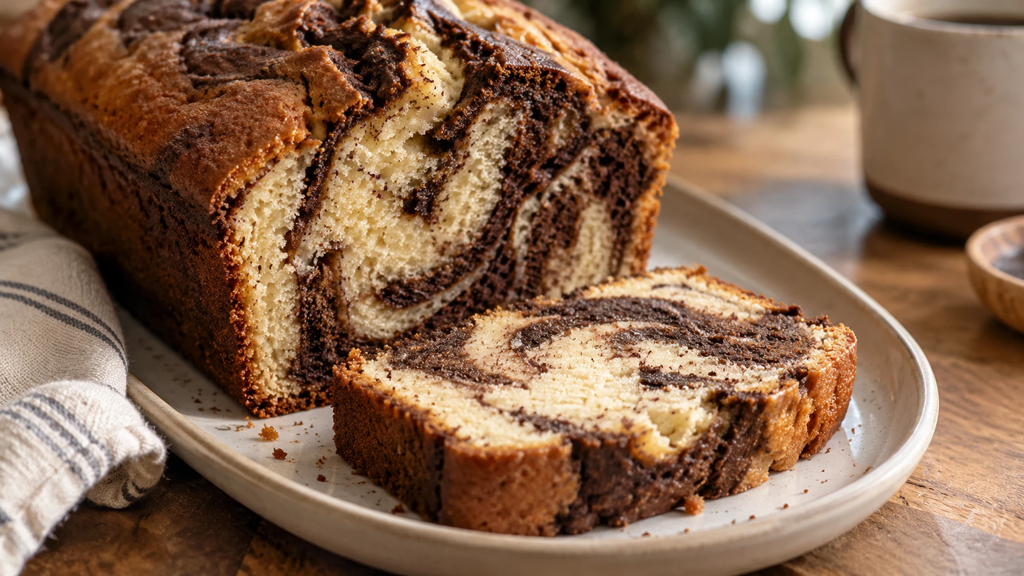 Serving detail showing the texture of loaf with a chocolate swirl