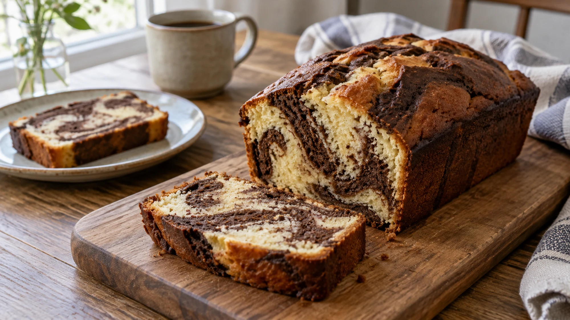 Two modest portions of loaf with a chocolate swirl ready to serve