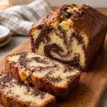 Square close-up of a sliced vanilla loaf with dark cocoa swirls and a golden crust