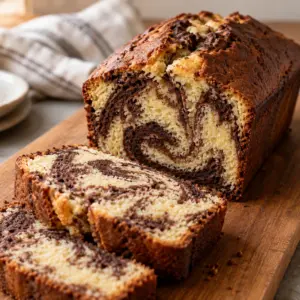 Square close-up of a sliced vanilla loaf with dark cocoa swirls and a golden crust