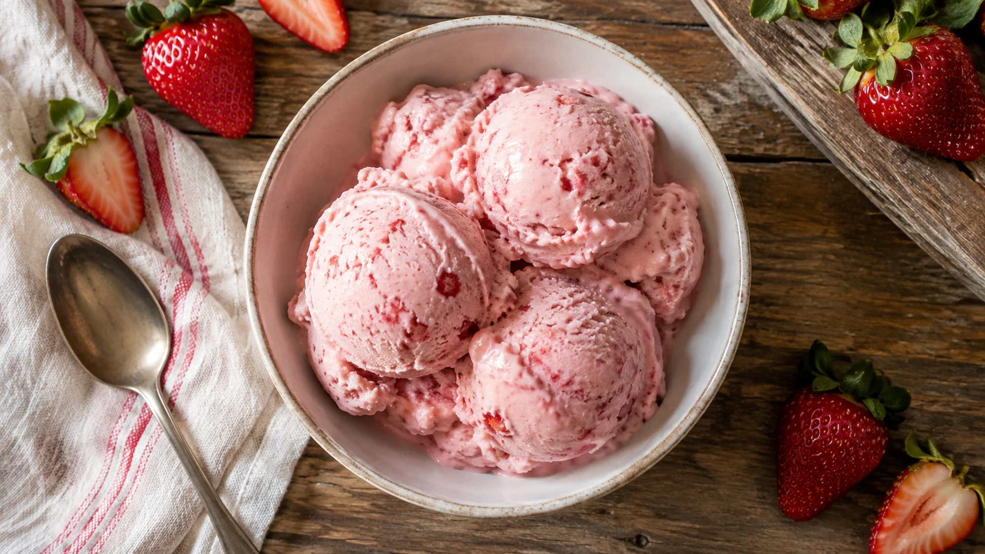 Overhead view of soft pink strawberry Greek-yogurt frozen dessert in a bowl