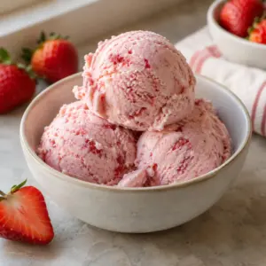 Square close-up of soft pink strawberry Greek-yogurt frozen dessert in a bowl