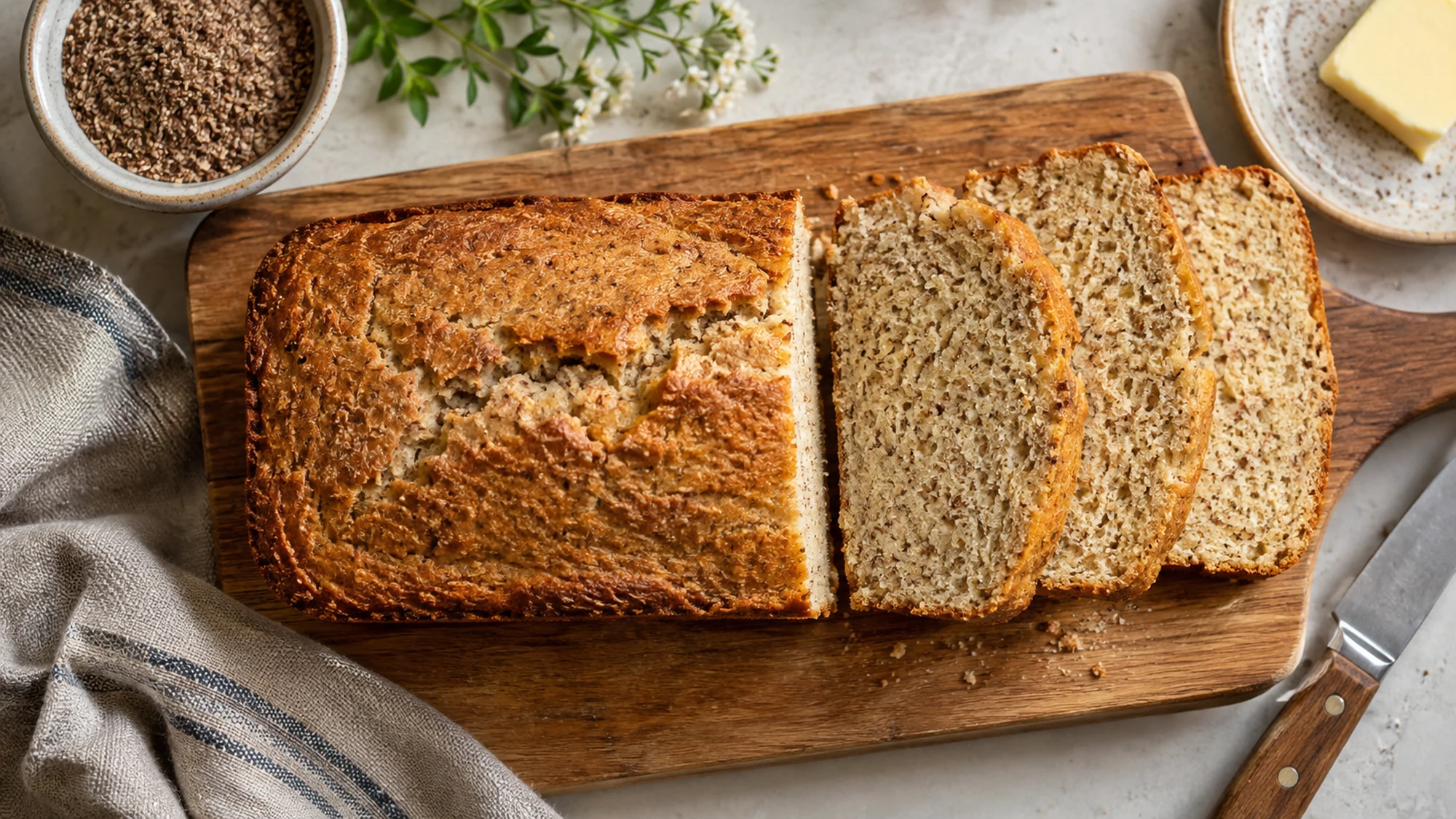 Overhead view of sliced almond-flour and ground-flax bread with a golden crust and a close crumb