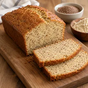Square close-up of sliced almond-flour and ground-flax bread with a golden crust and a close crumb