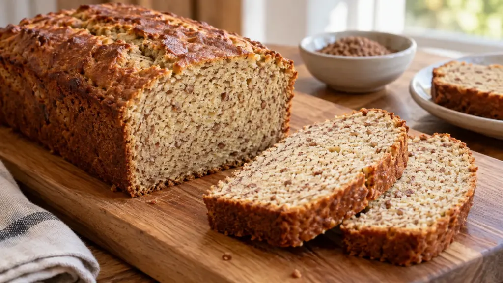 Sliced almond-flour and ground-flax bread with a golden crust and a close crumb