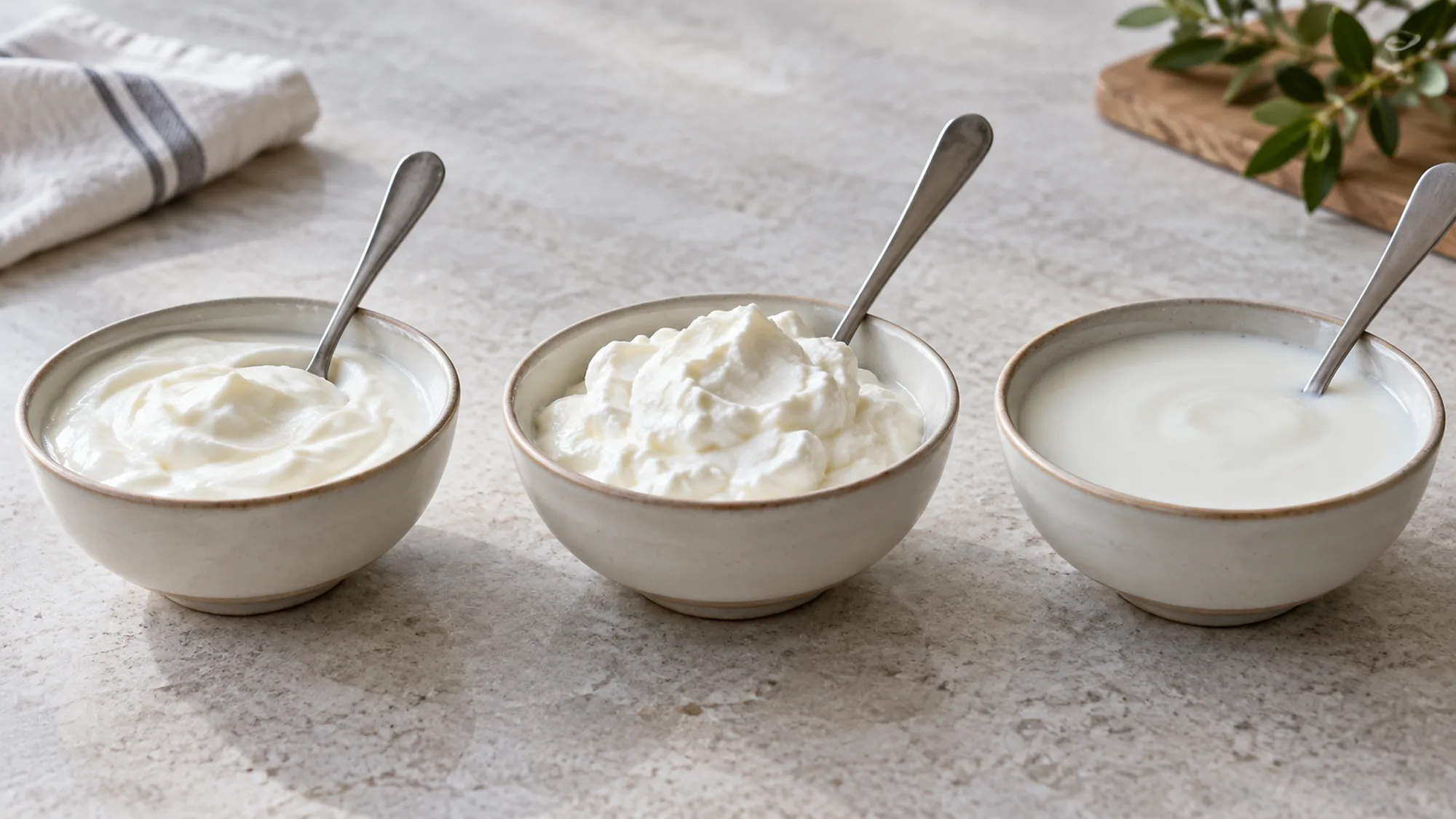 Three bowls showing different plain-yogurt thicknesses.