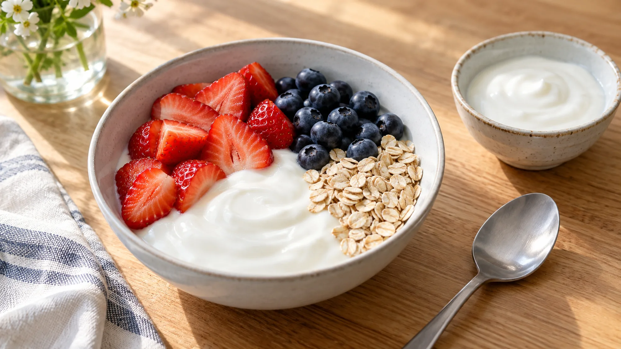 Plain yogurt topped with fresh strawberries, blueberries and oats.