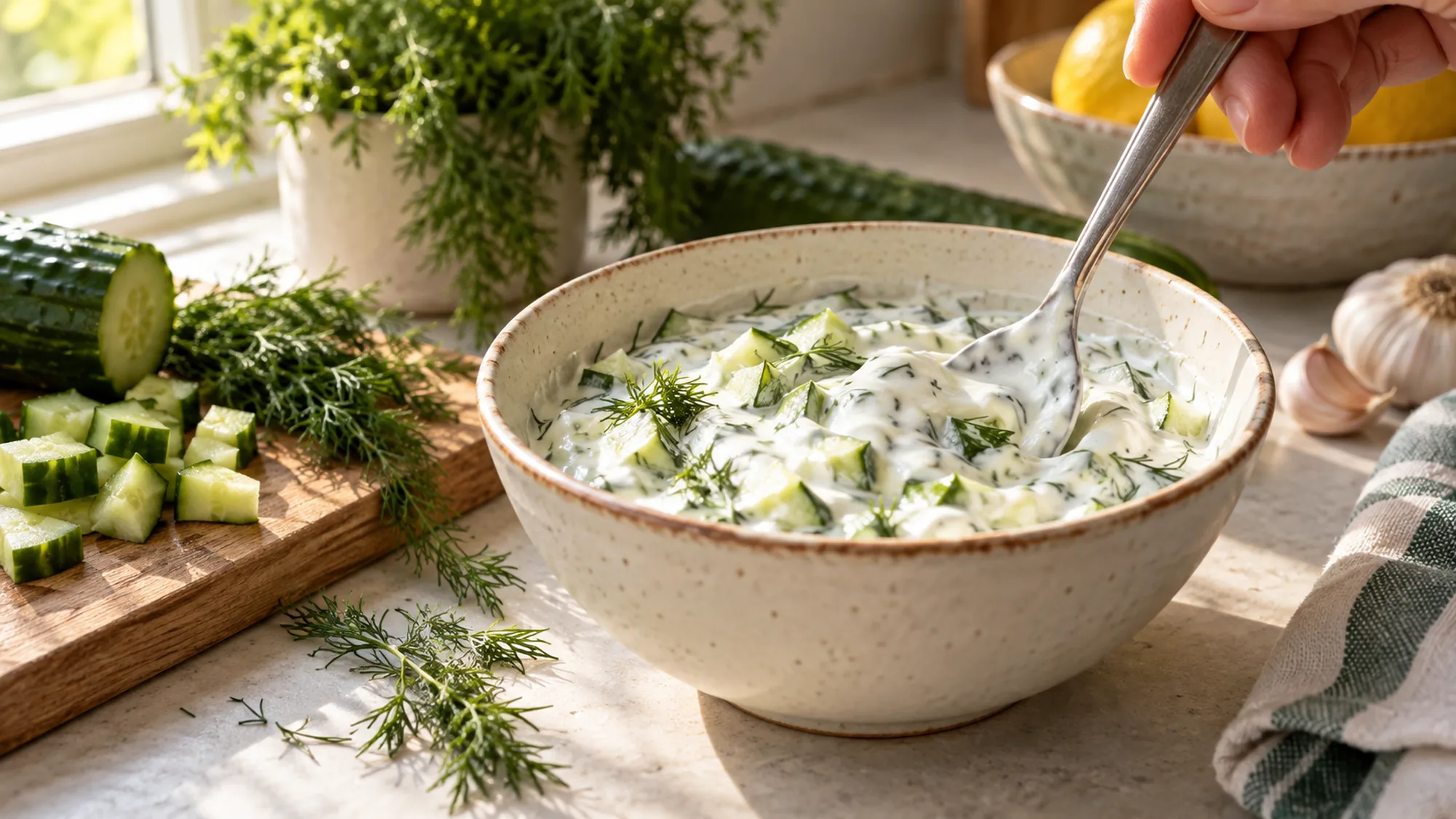 Yogurt stirred with cucumber and chopped herbs in a small bowl.