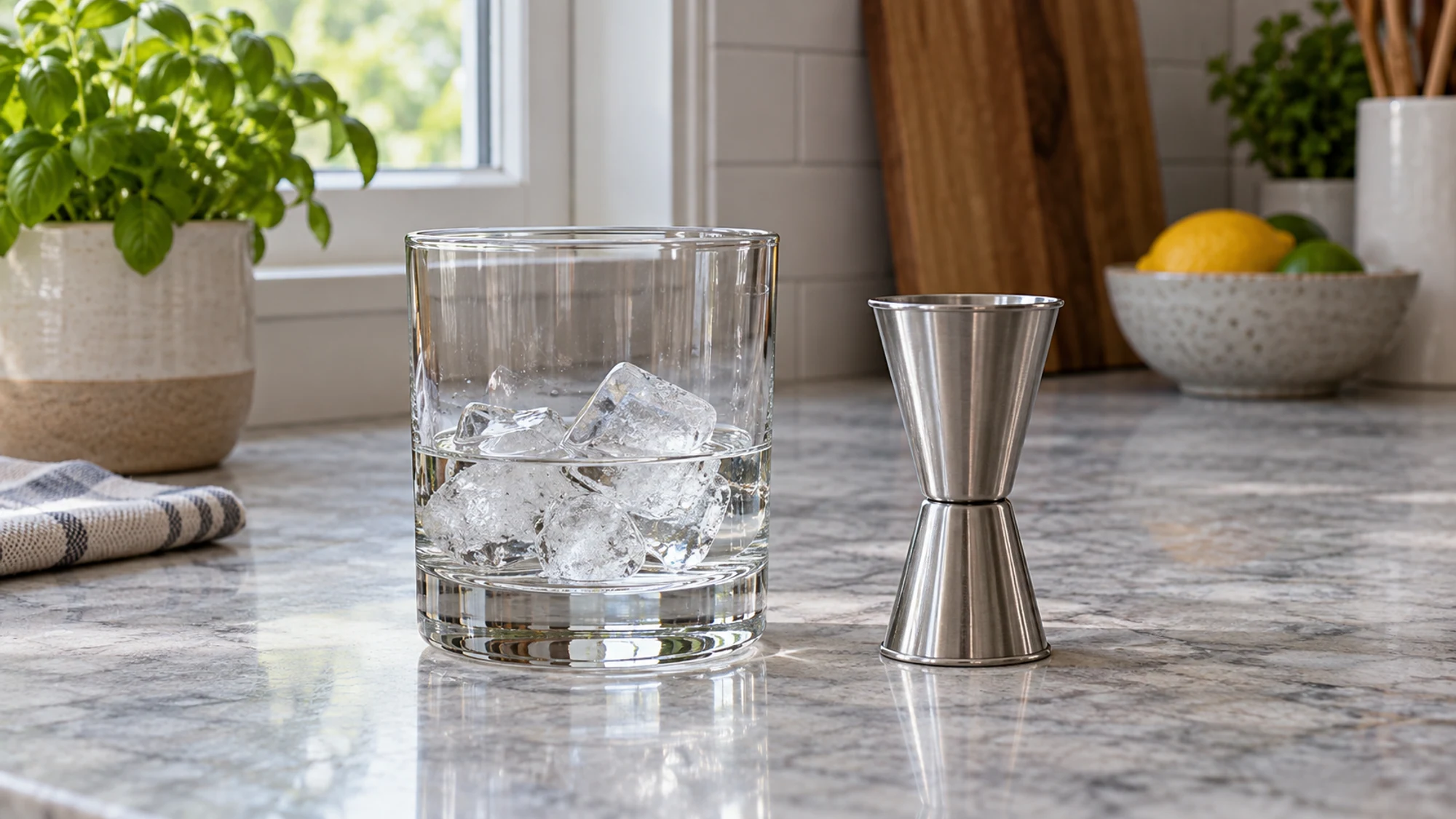 A modest clear drink with ice beside a measuring jigger