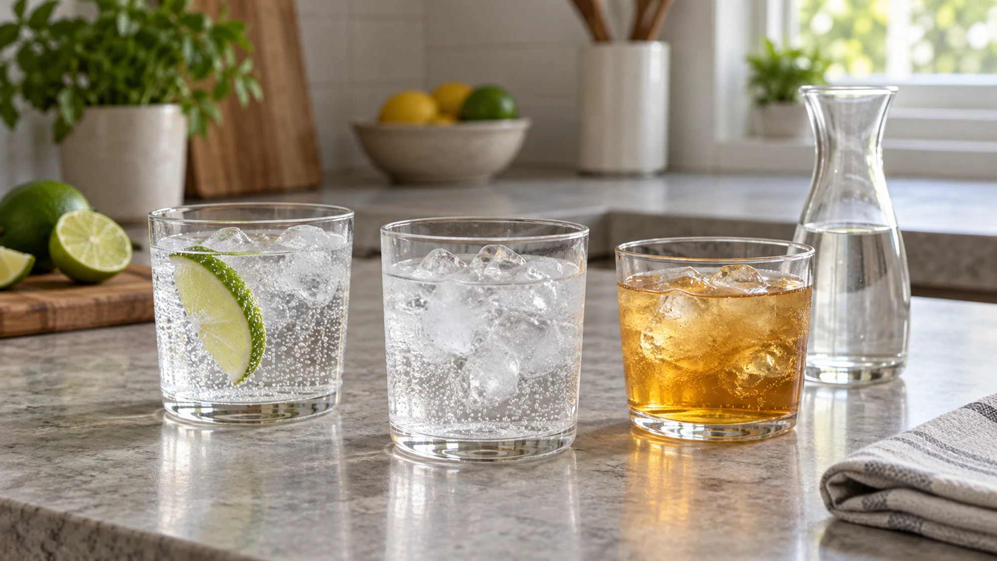 Three glasses illustrating clear and amber mixers beside plain water