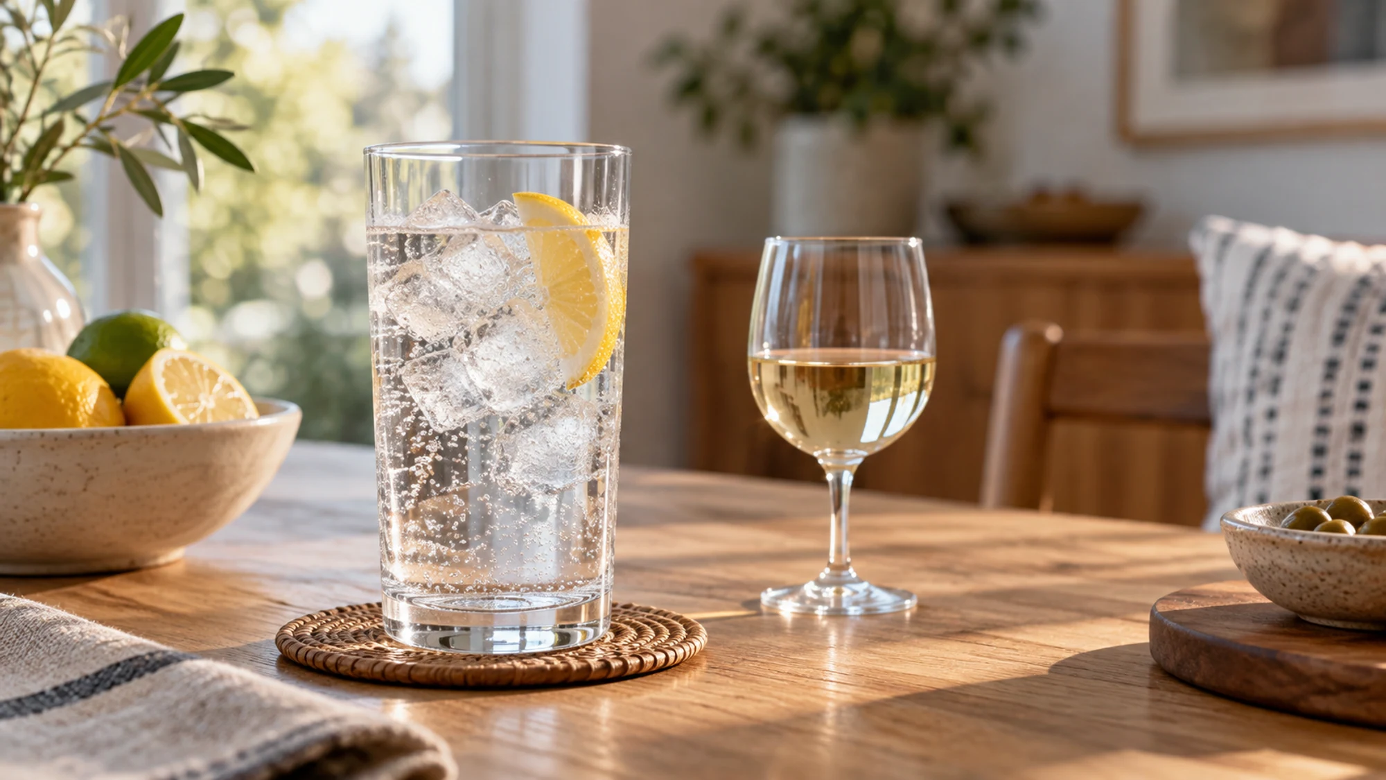 Sparkling water with citrus beside a small wine glass