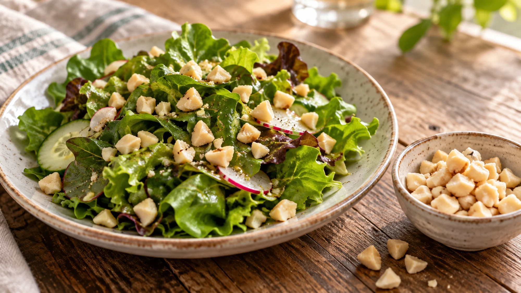 Chopped macadamia kernels adding texture to a leafy salad