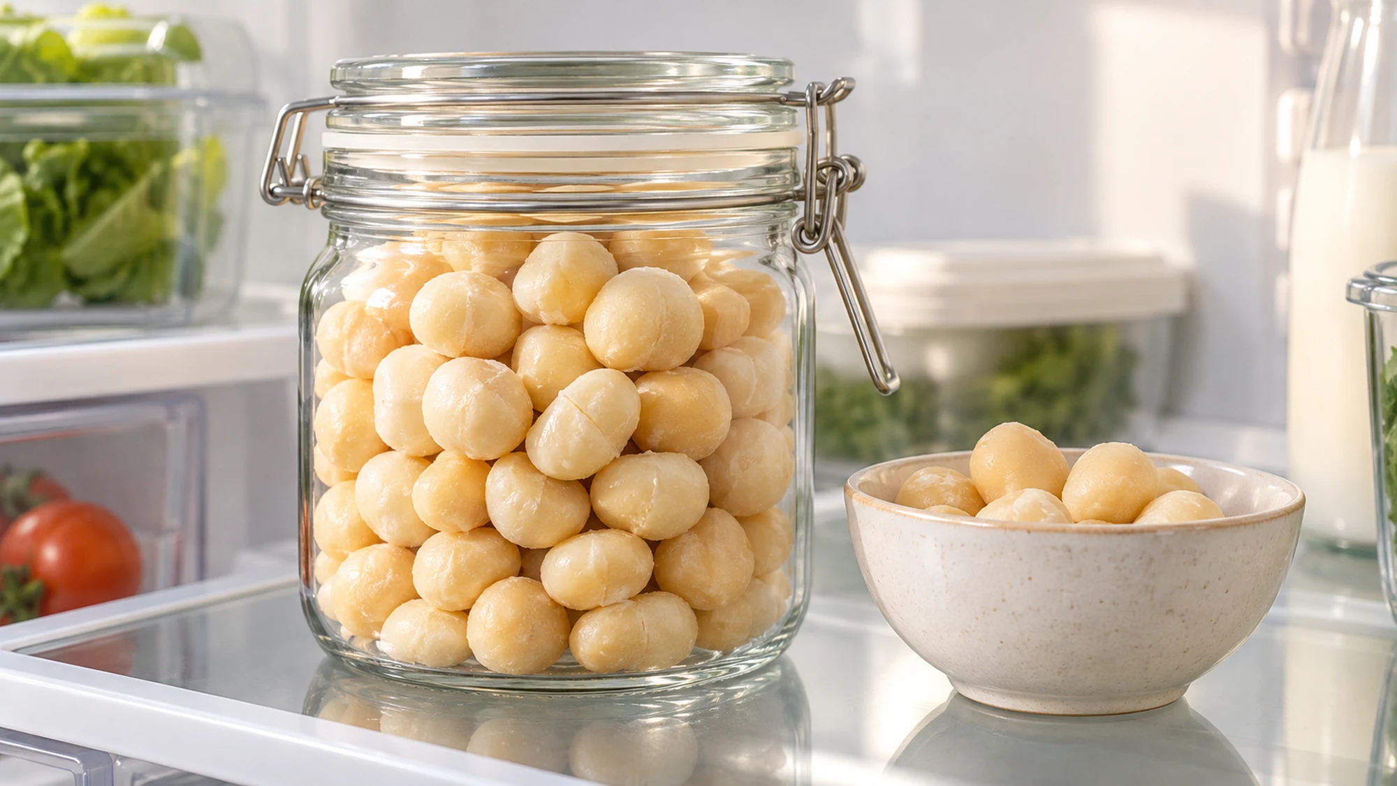 Macadamia kernels in a tightly sealed glass jar on a refrigerator shelf