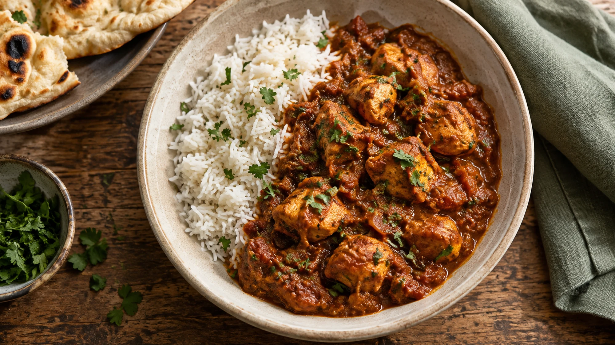 Overhead view of chicken Madras in a tomato-rich curry sauce.
