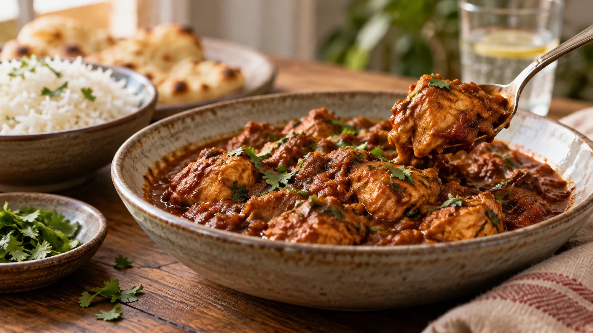 A spoon lifting chicken and tomato sauce from a Madras curry.