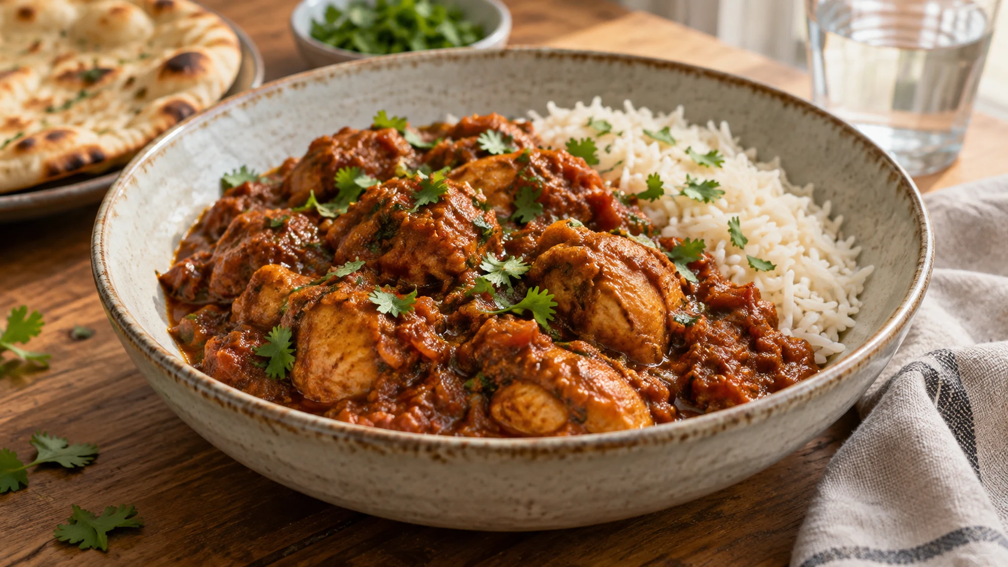 A simple serving of chicken Madras on a warm-toned table.