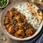 Square view of finished chicken Madras with cilantro.