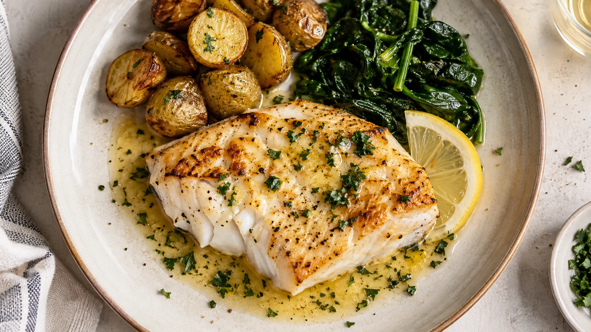 Overhead serving of mahi mahi with lemon-garlic butter.