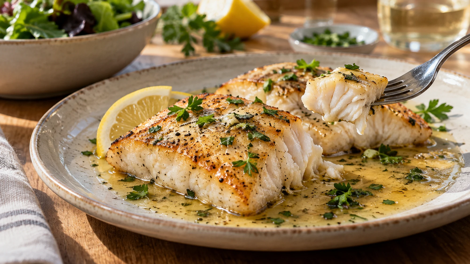 A fork revealing the flaky center of pan-seared mahi mahi.