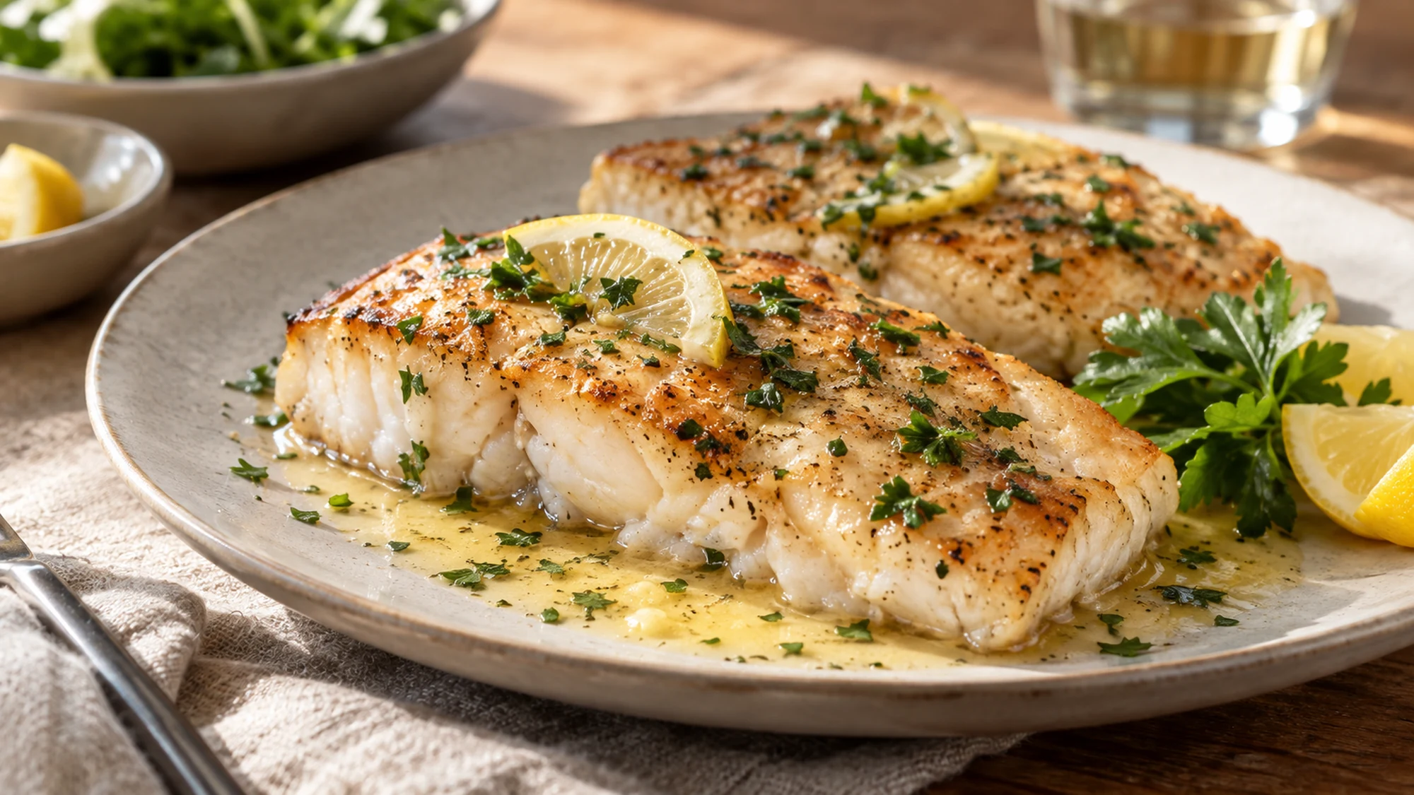 Lemon butter mahi mahi plated with a lemon wedge.