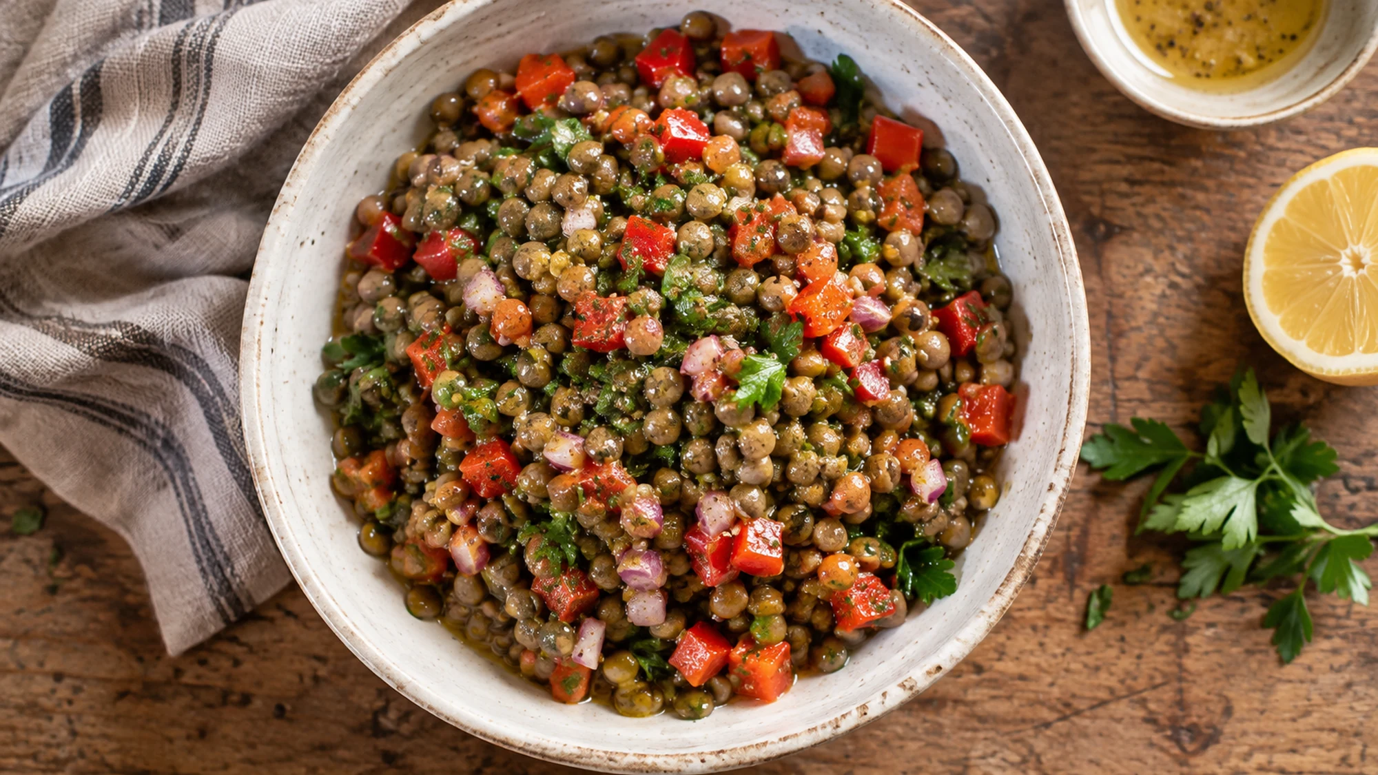 Overhead bowl of firm green lentils with red pepper and herbs.