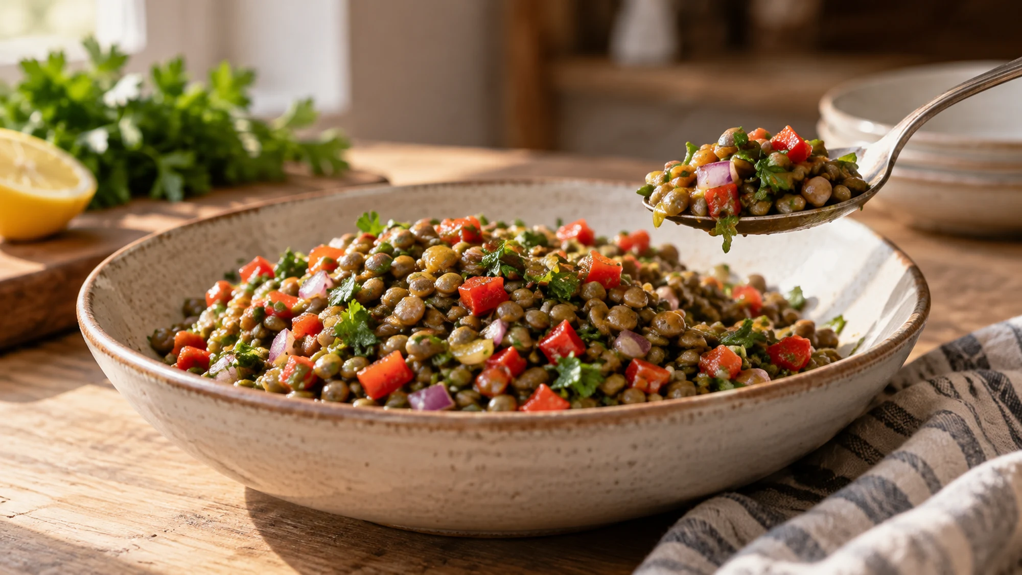 A spoon lifting green lentils and diced pepper in lemon dressing.