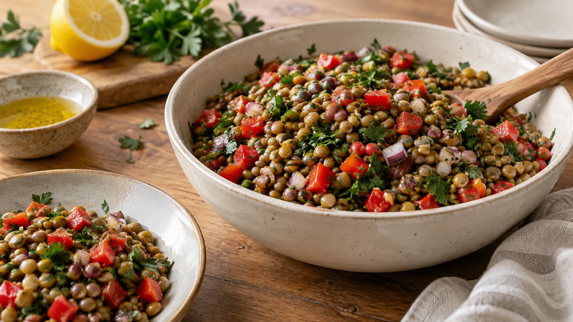 Make-ahead lentil salad in a simple serving bowl.
