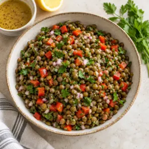 Square view of lentil salad with red pepper, onion and parsley.