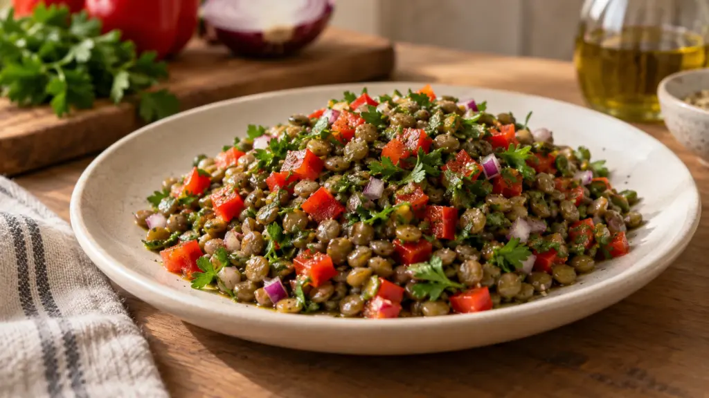 Green lentil salad with diced red pepper, onion and parsley.