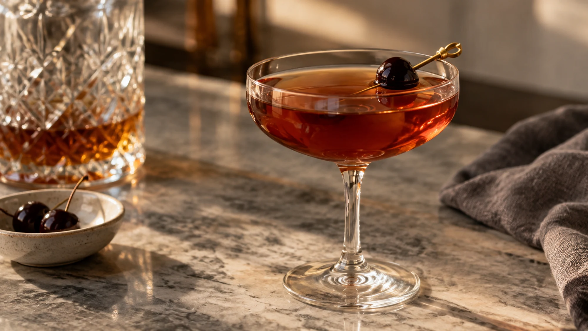 Close view of a Manhattan coupe and the clear drink surface.