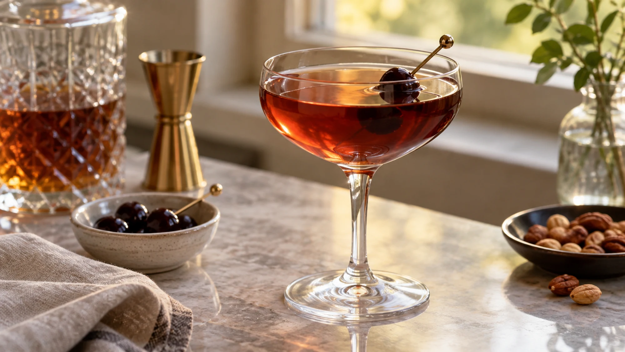 A classic Manhattan set on a simple tabletop.