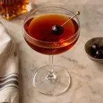 Square view of a Manhattan coupe and cocktail cherry.