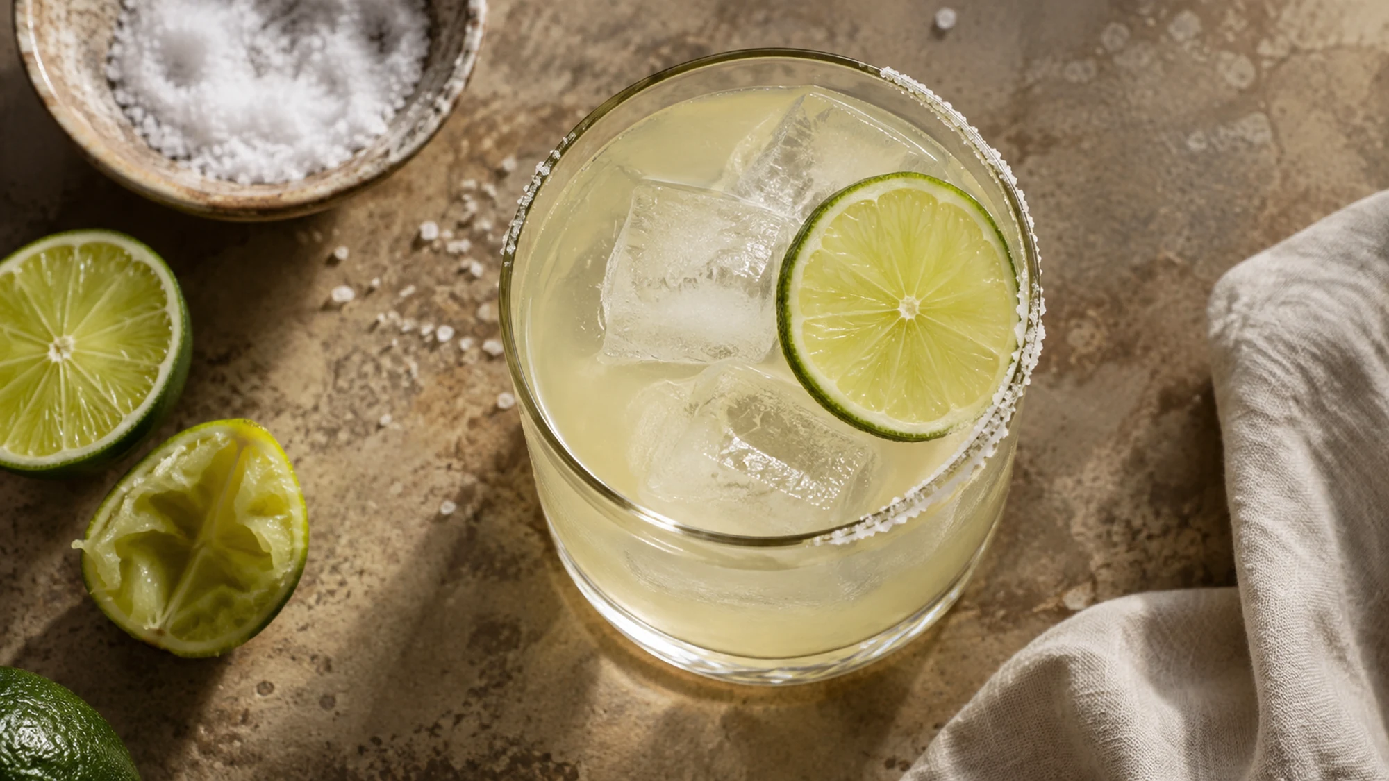 Overhead view of a pale fresh lime margarita over ice.