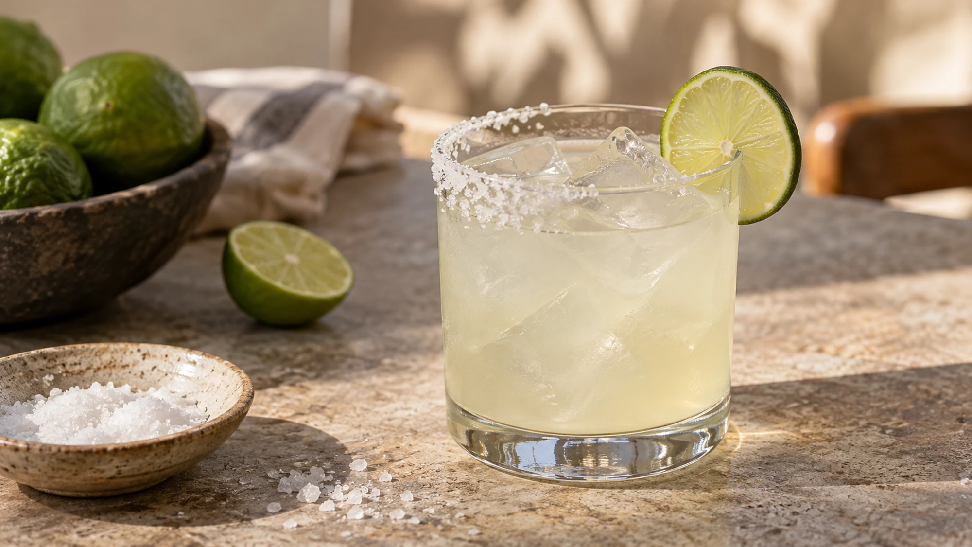 Close view of a half salted margarita rim with fresh lime.