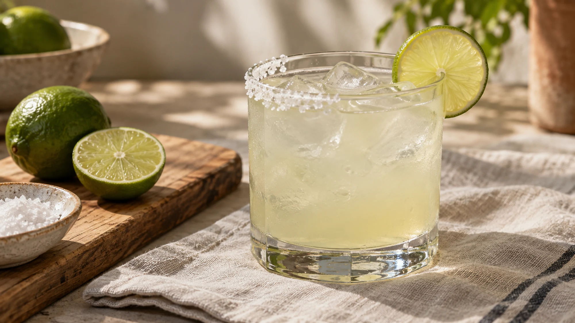 A fresh lime margarita in a rocks glass on a simple table.