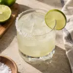 Square view of a lime margarita over ice with a half salt rim.