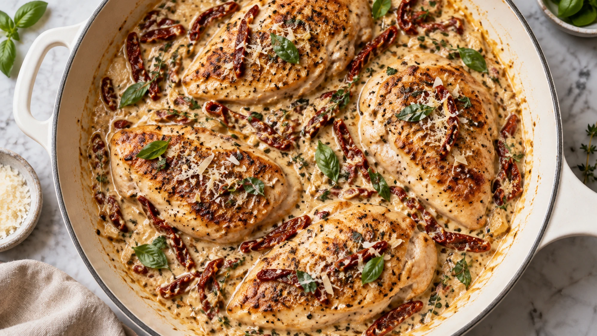 Creamy marry me chicken in a white dish with sun-dried tomatoes and basil