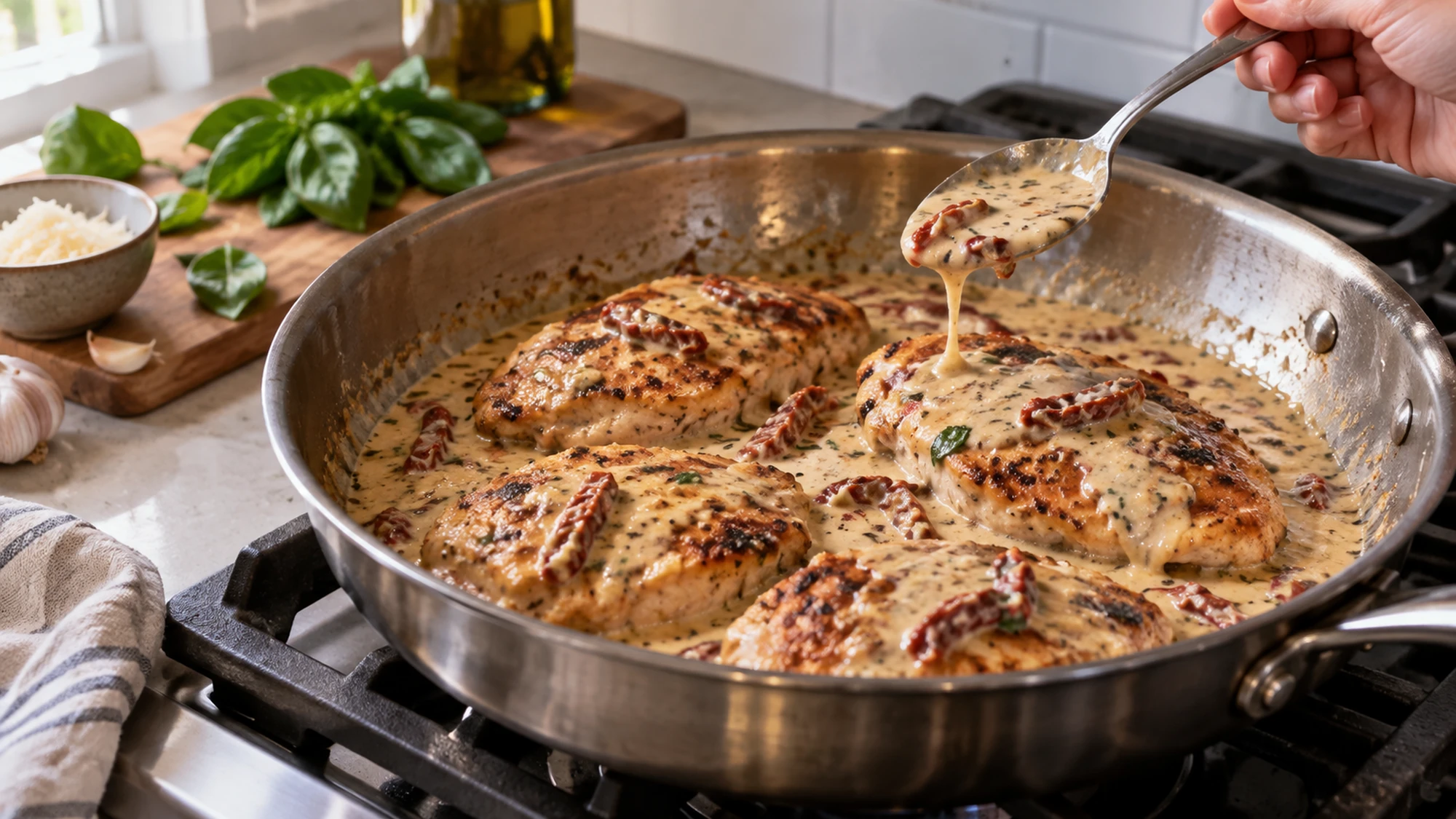 Chicken cutlets simmering in a creamy tomato Parmesan skillet sauce