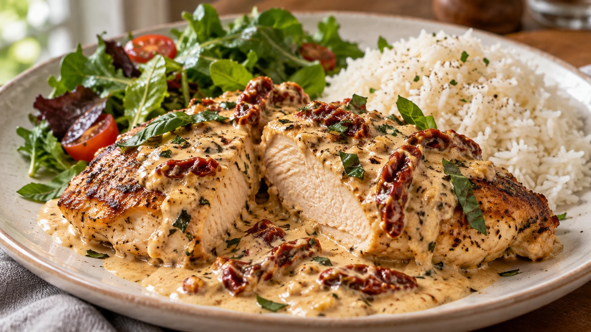 Plated marry me chicken with silky tomato cream sauce and fresh basil