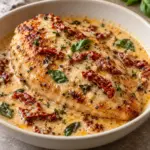Square close-up of marry me chicken with golden cutlets, sun-dried tomatoes and basil in cream sauce