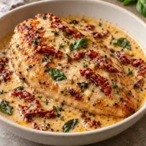 Square close-up of marry me chicken with golden cutlets, sun-dried tomatoes and basil in cream sauce