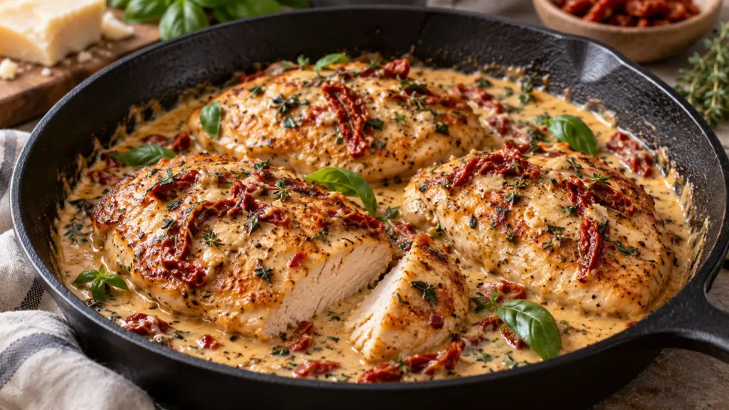 Golden marry me chicken cutlets in a skillet of creamy sun-dried tomato sauce with basil