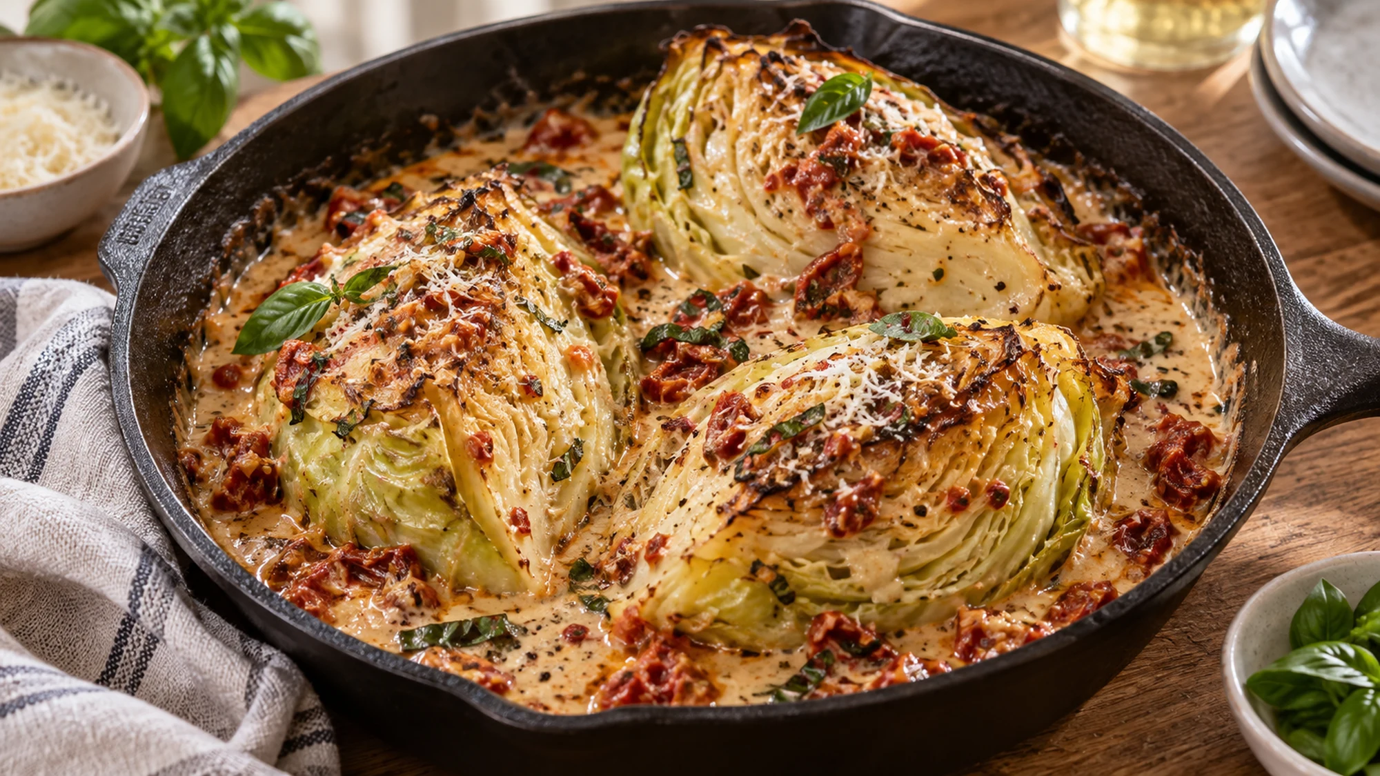 Golden cabbage wedges searing in a skillet