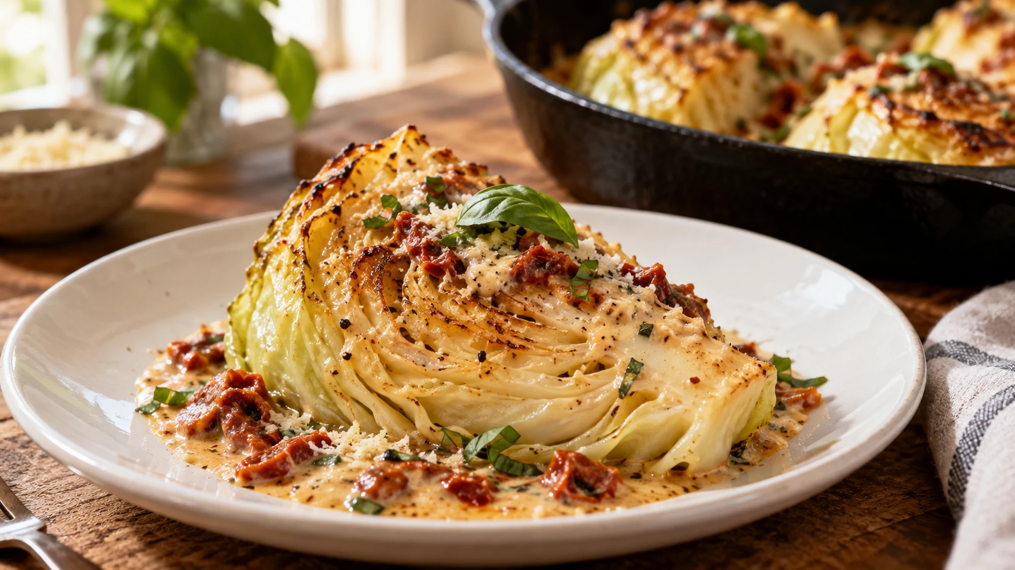 Creamy sun-dried tomato sauce with cabbage wedges