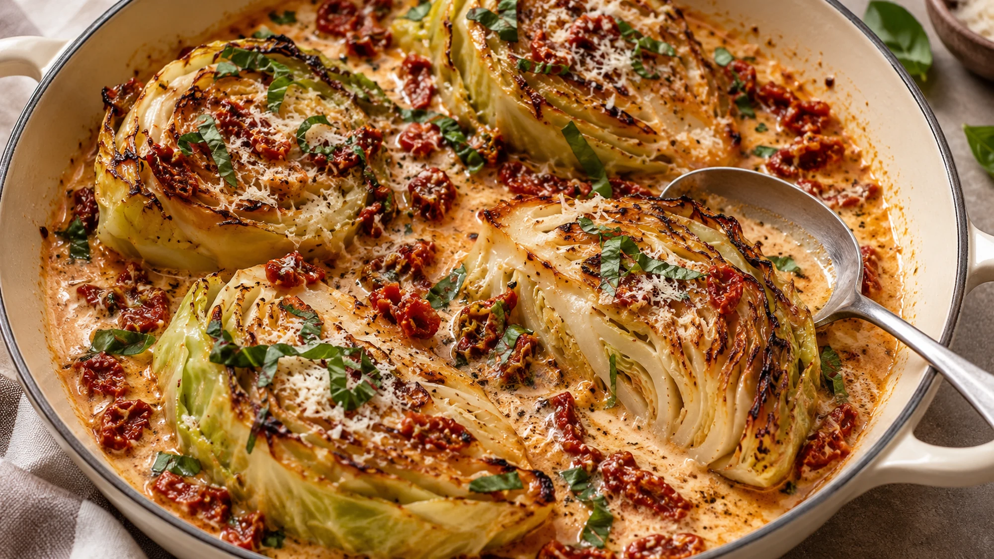 Finished tender cabbage with basil