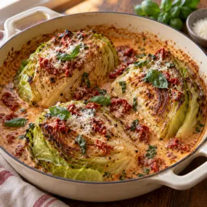 Marry me melting cabbage in a creamy sun-dried tomato sauce