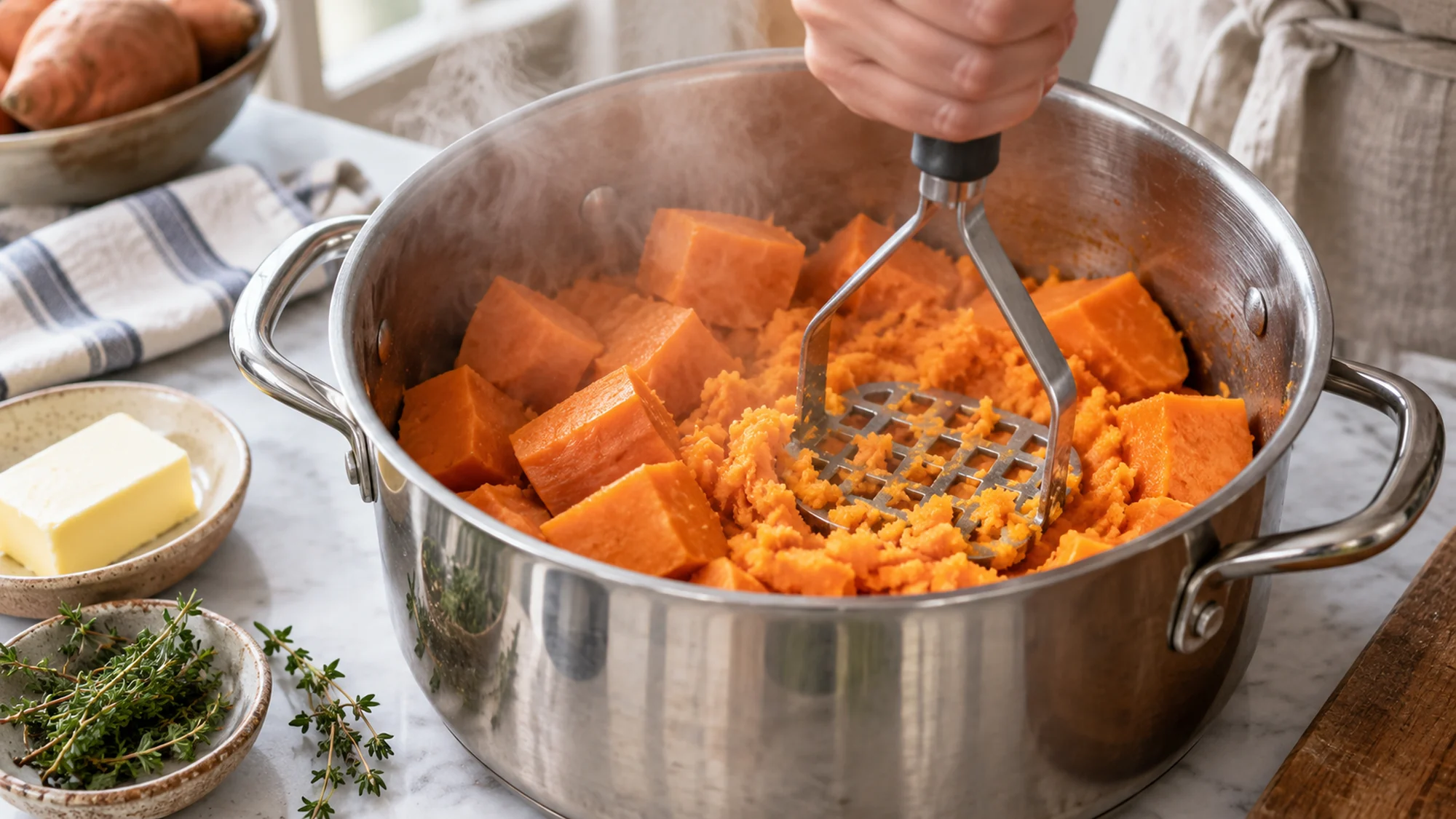 Steamed sweet potato chunks being mashed in a warm pot beside butter and thyme.