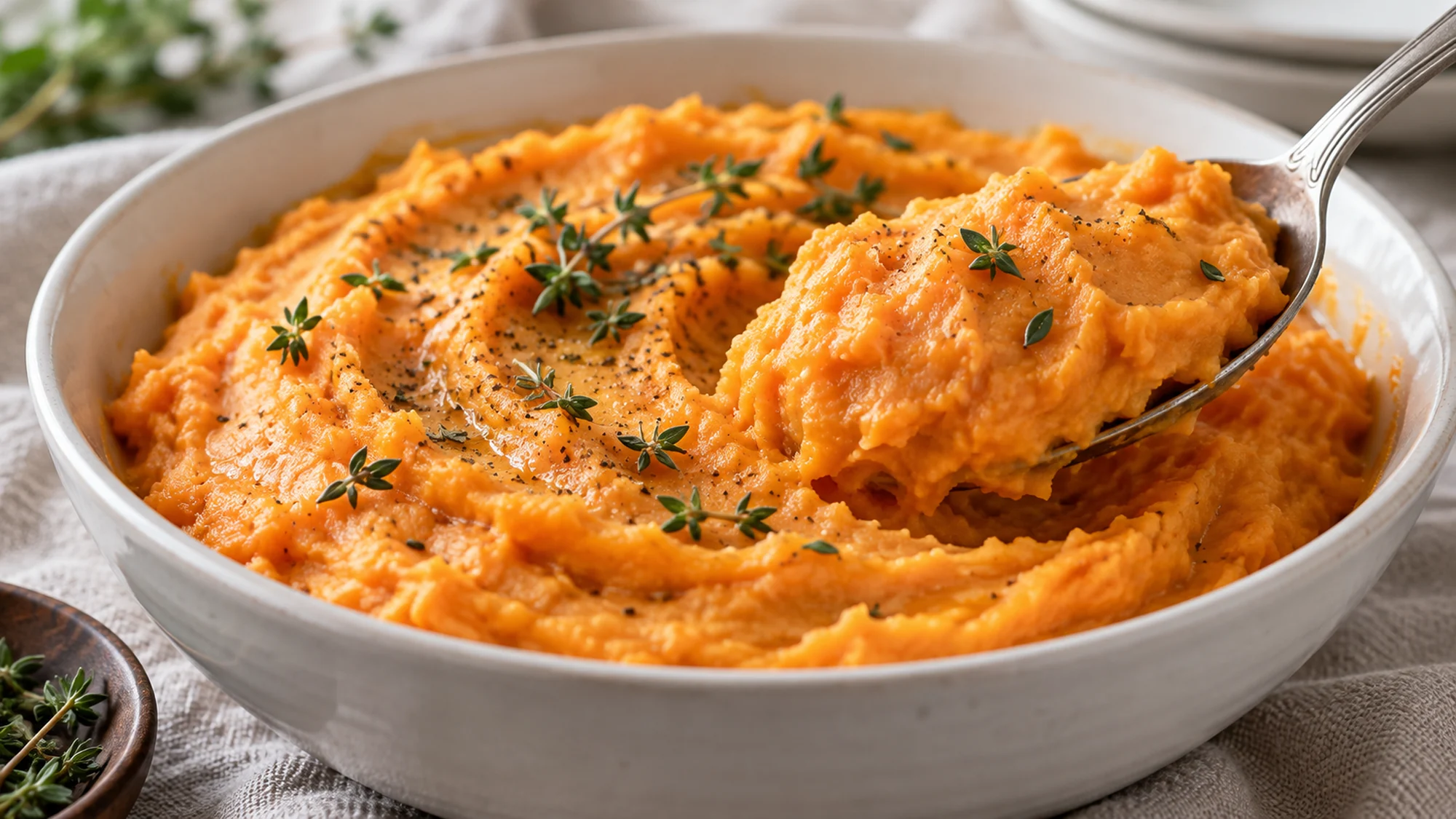 Close view of a spoon lifting creamy orange mashed sweet potatoes with thyme.